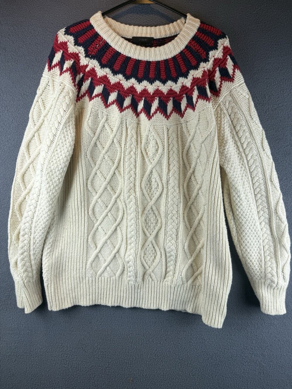 Jcrew Sweater Womens XL Chunky Cable Knit pullover Sweater Fair Aisle red navy